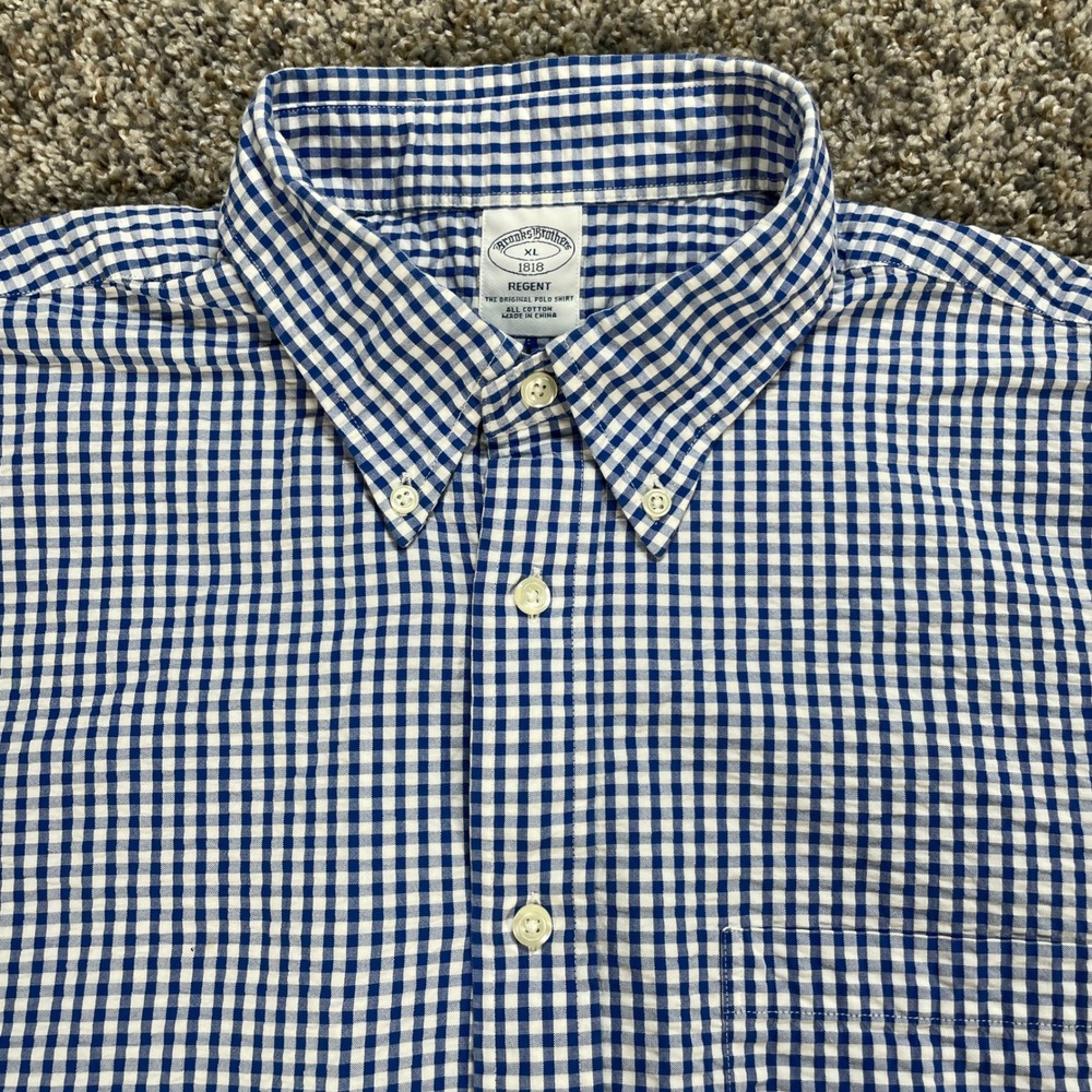 Brooks Brothers 1818 Regent XL Shirt Seersucker Blue White Gingham Short Sleeve